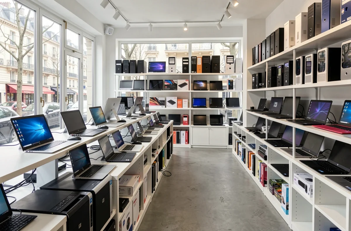 Rayons d'ordinateurs portables et de PC dans un magasin informatique