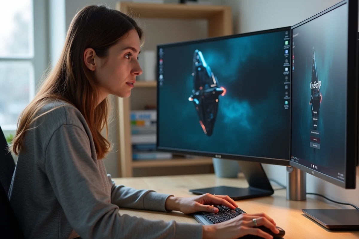 Femme configurant les paramètres d'affichage multi-écrans pour étendre Eve Online sur un setup 21/9