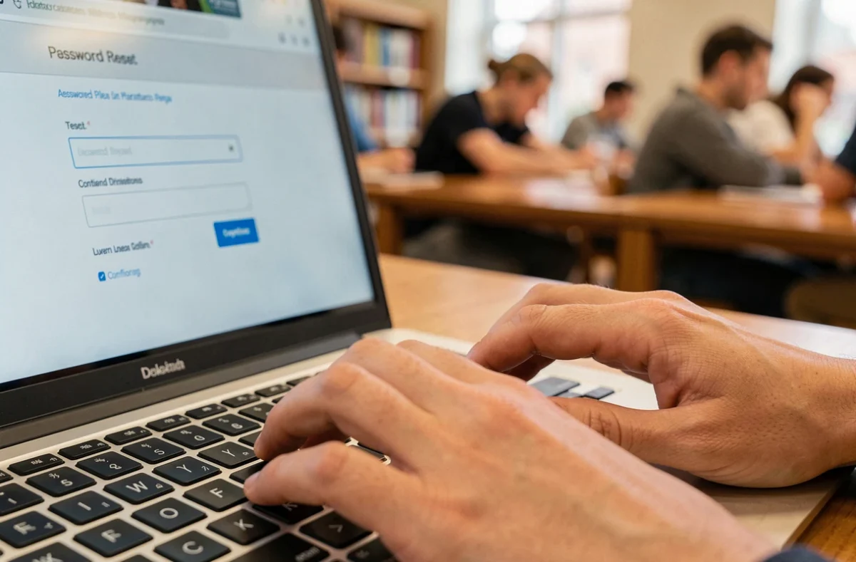 Mains tapant sur un clavier pour réinitialiser un mot de passe oublié sur le portail Académie Amiens