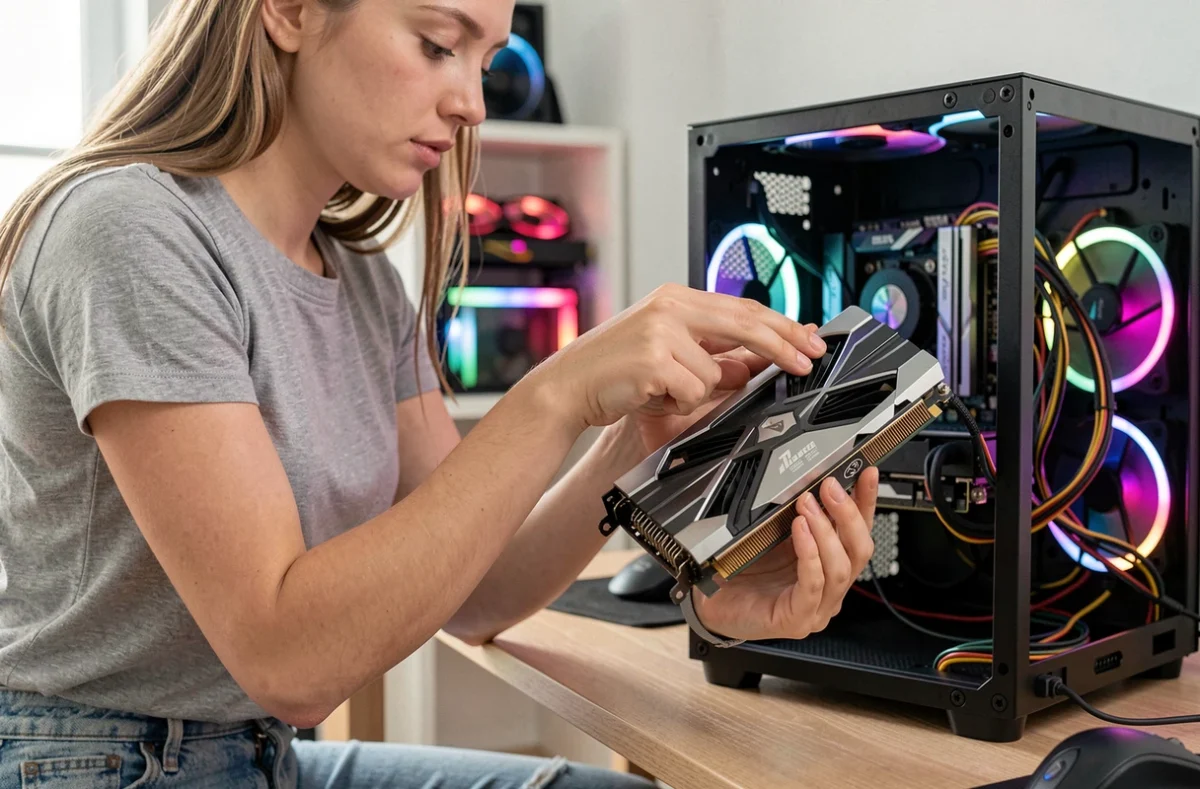 Jeune femme retirant le dissipateur d'une carte graphique pour remplacer la pâte thermique dans un bureau moderne