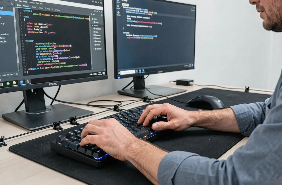Mains d'un homme tapant des commandes dans un terminal pour résoudre un problème de mise à jour OpenOffice bloquée
