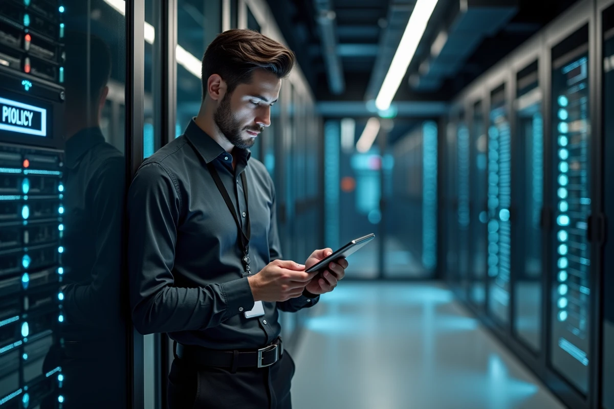 Responsable informatique consultant des documents sur la confidentialité des données webmail dans un couloir de salle serveur