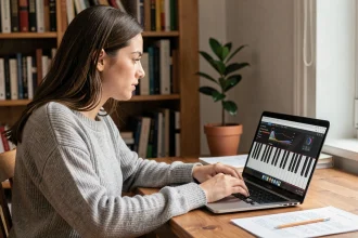 Jeune femme révisant ses gammes de piano sur un clavier virtuel en ligne depuis son bureau à domicile