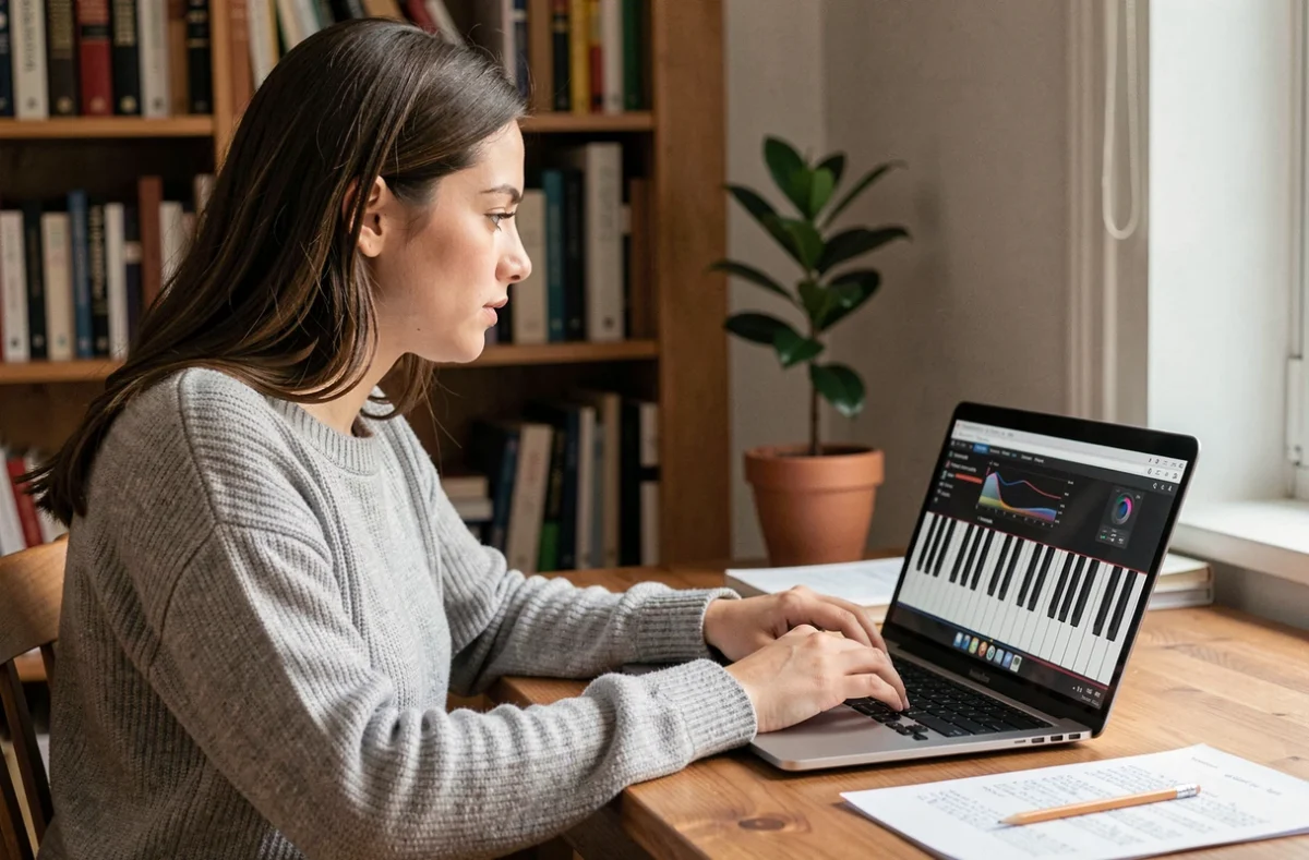 Jeune femme révisant ses gammes de piano sur un clavier virtuel en ligne depuis son bureau à domicile