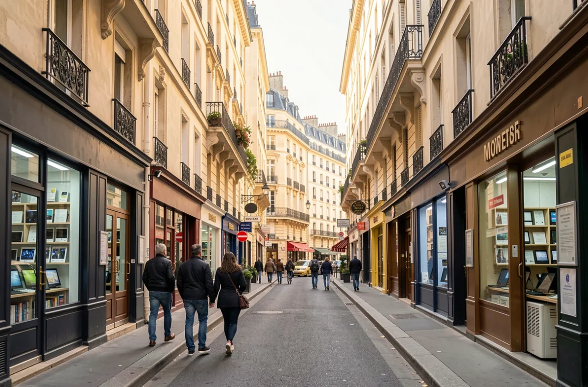 Rue parisienne bordée de boutiques informatiques