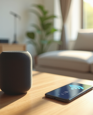 Salon lumineux avec enceinte connectée et smartphone