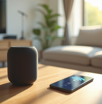 Salon lumineux avec enceinte connectée et smartphone