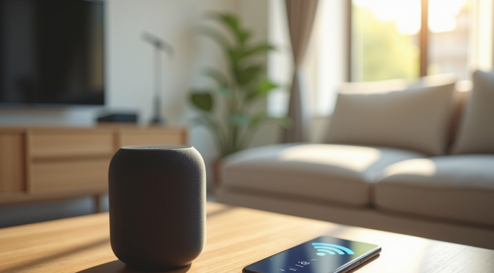 Salon lumineux avec enceinte connectée et smartphone