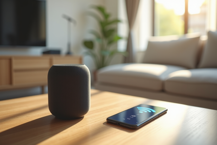 salon-salle-vivre-enceinte-intelligente Salon lumineux avec enceinte connectée et smartphone