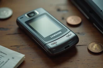 Samsung E250 téléphone à clapet fermé posé sur un bureau en bois usé, vue de dessus