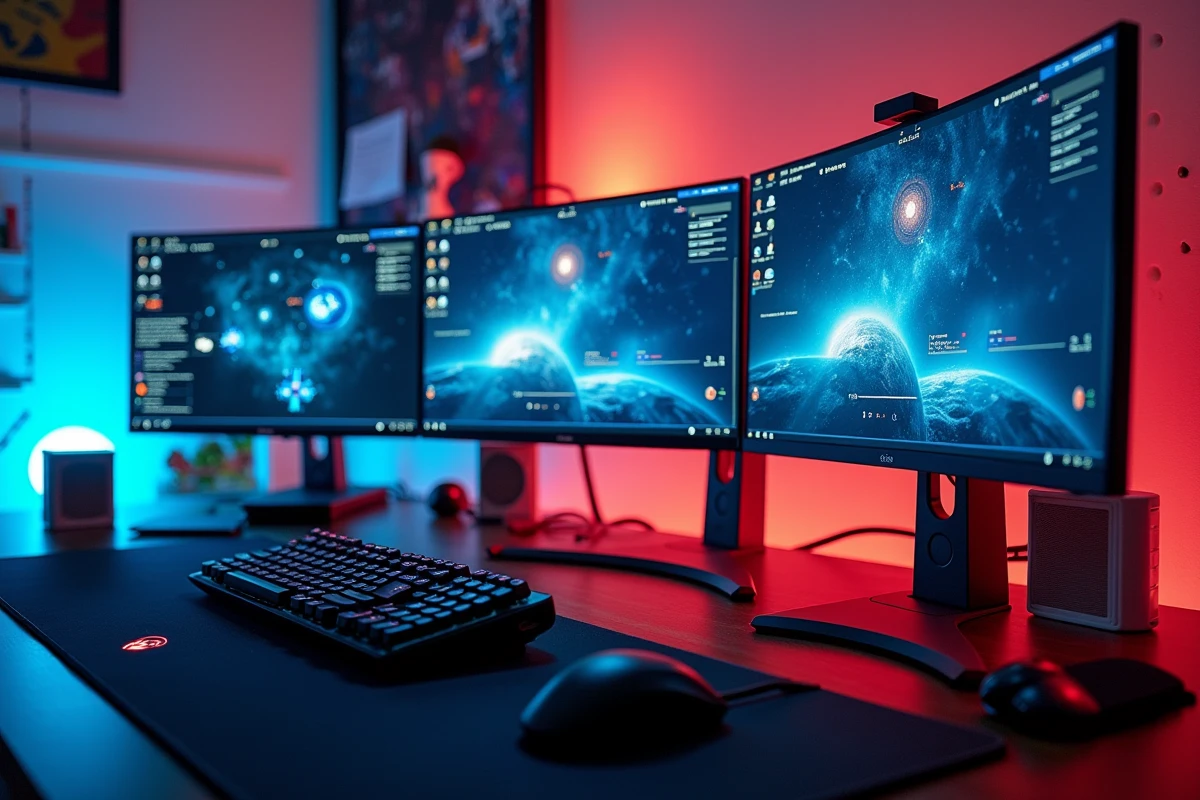 Gros plan sur un setup multi-écrans avec réglage d'affichage Eve Online sur configuration 21/9 et 1080p