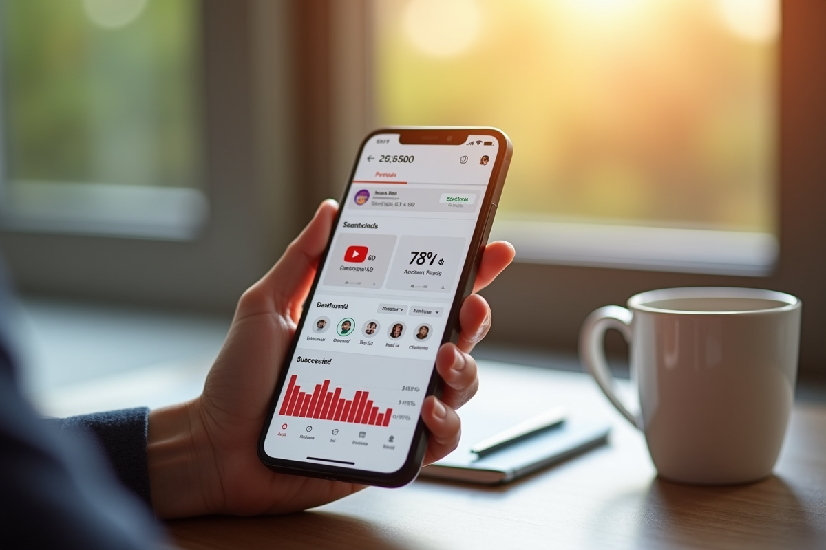 Personne tenant un smartphone montrant une campagne YouTube réussie