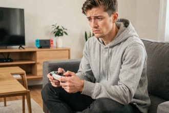 Homme tenant une manette Joy-Con Nintendo Switch avec un voyant clignotant, assis dans un salon moderne avec une expression perplexe
