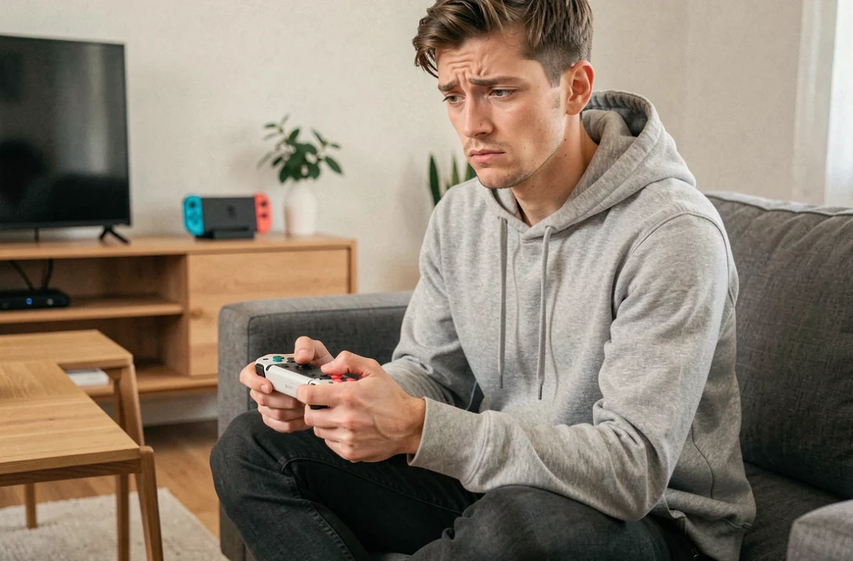Homme tenant une manette Joy-Con Nintendo Switch avec un voyant clignotant, assis dans un salon moderne avec une expression perplexe