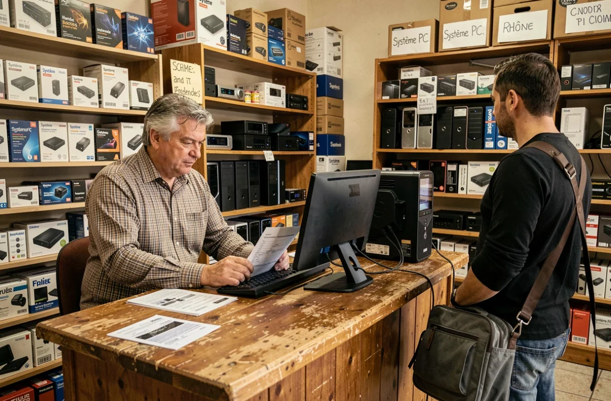 Propriétaire de Système PC dans le Rhône au comptoir de son magasin d'informatique local
