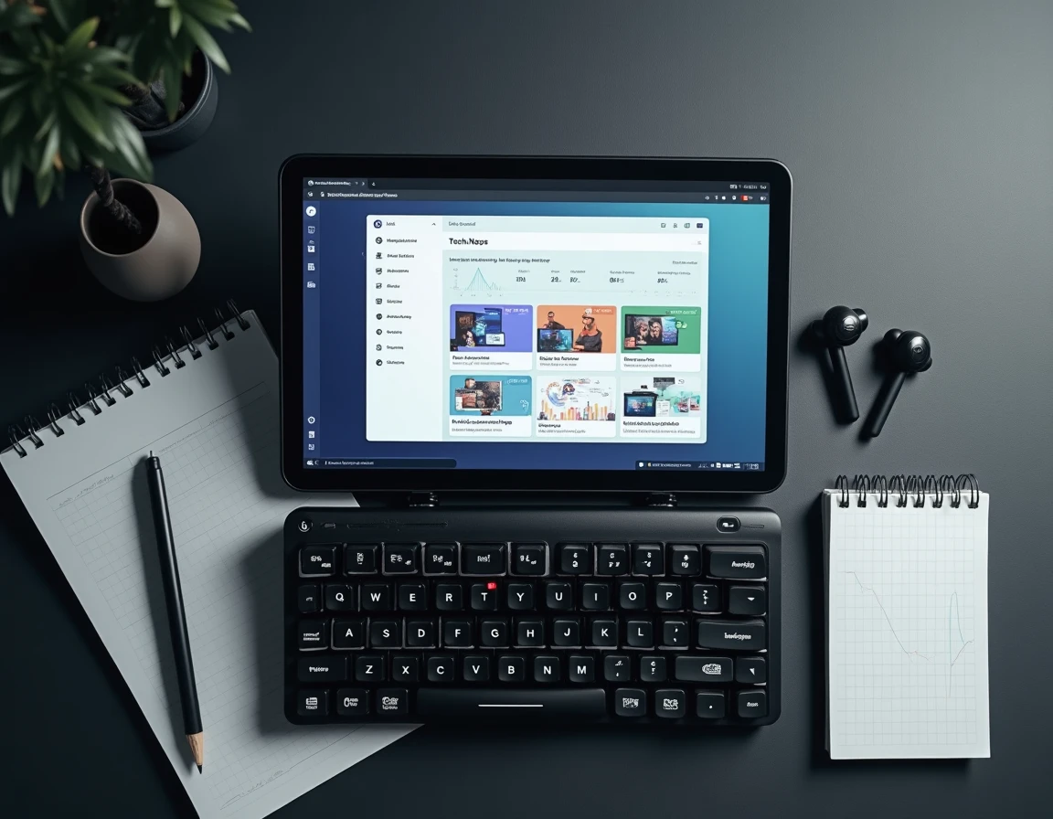 Vue aérienne d'un bureau organisé avec tablette affichant un tableau de bord centralisé pour la veille PC actualité