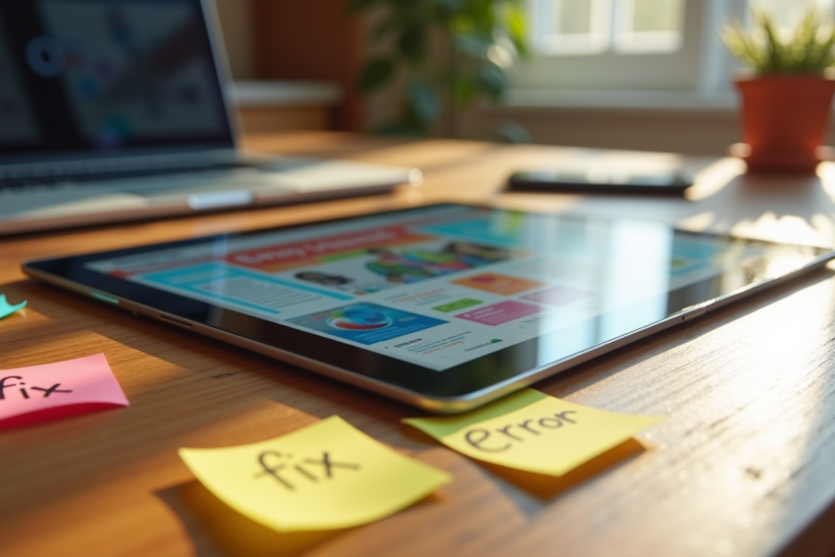 Tablette montrant un site coloré avec erreurs et notes de correction