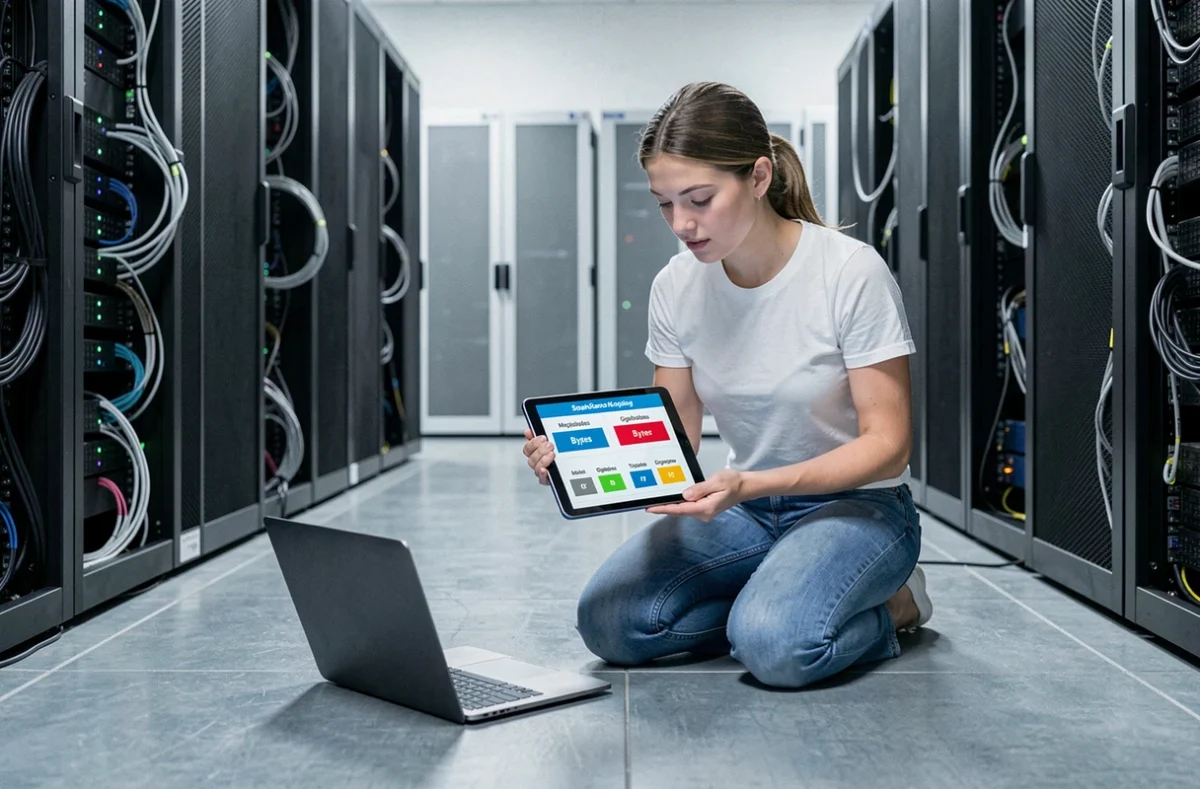 Technicienne consultant un guide de conversion de mémoire stockage dans une salle de serveurs