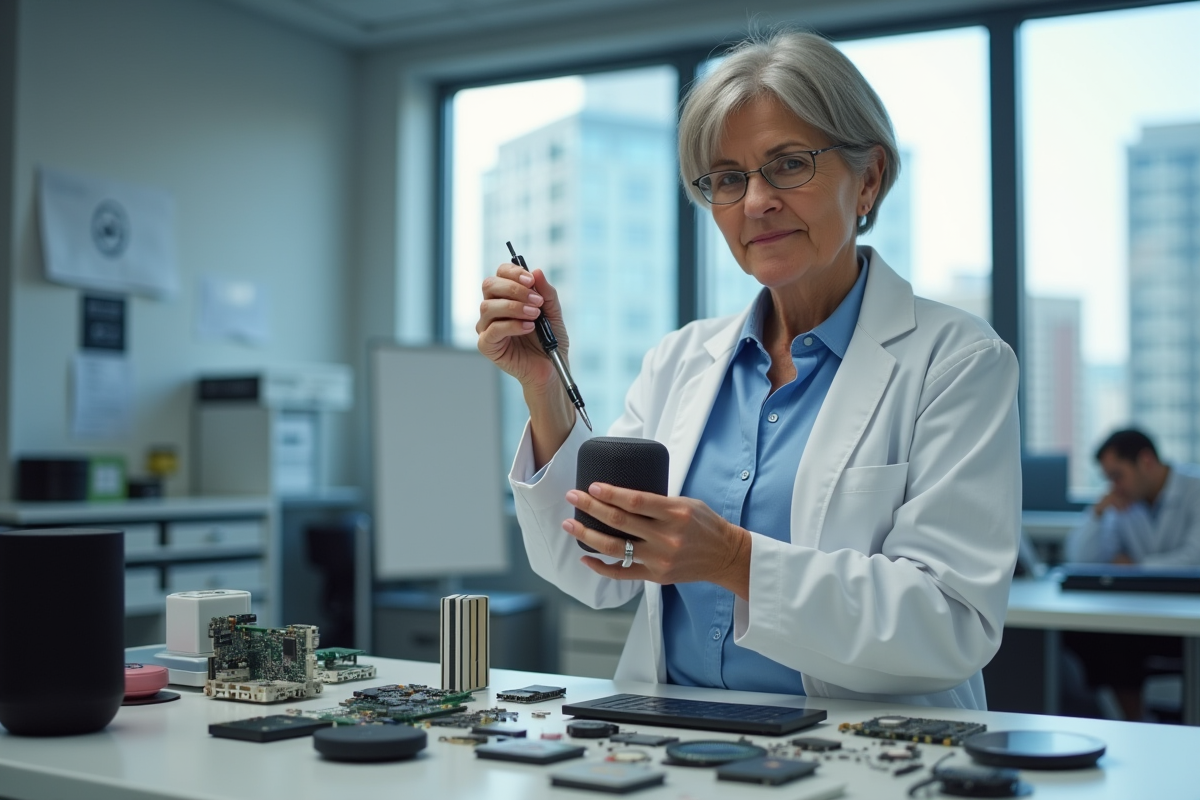 Technicienne examine microprocesseur d’un haut-parleur intelligent dans un laboratoire