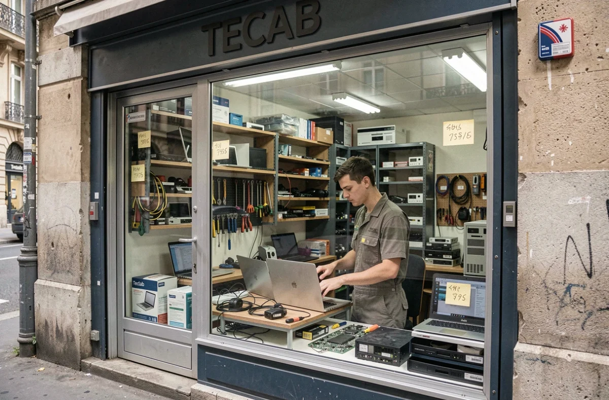 Devanture et atelier intérieur du magasin Teclab à Lyon spécialisé en réparation informatique