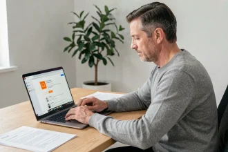 Homme consultant le portail Orange sur un ordinateur portable Windows 11 dans un bureau à domicile
