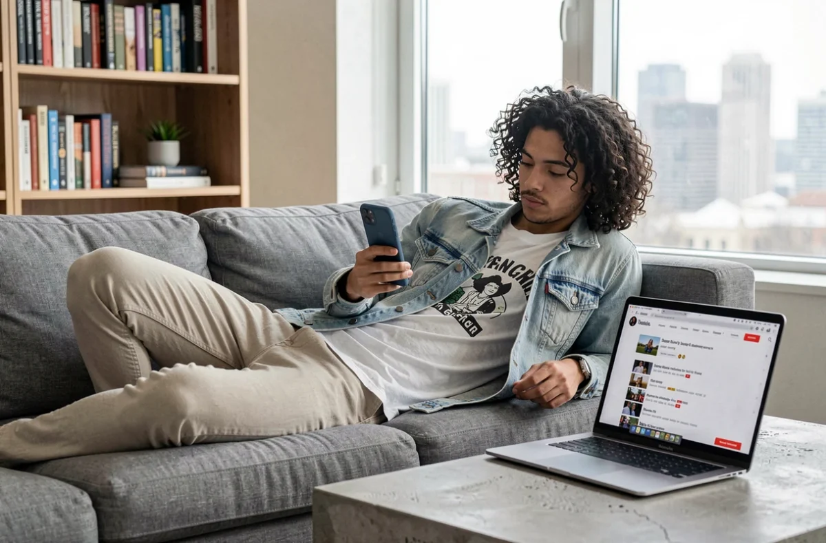 Jeune adulte utilisant un smartphone pour télécharger une vidéo YouTube depuis un canapé à la maison