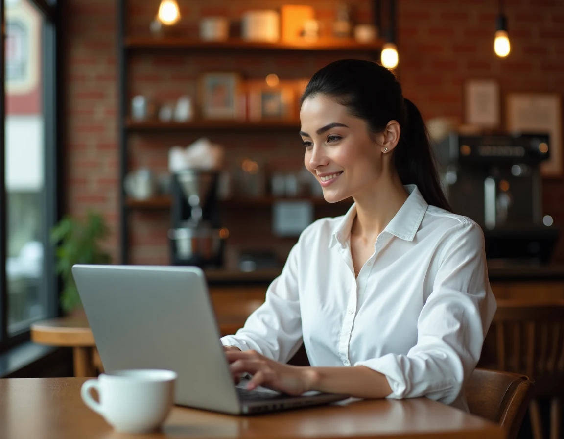 Femme gérant sa veille informatique sur un tableau de bord centralisé depuis un café avec son ordinateur portable