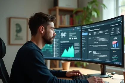 Homme consultant un tableau de bord de veille PC actualité sur un écran ultrawide dans un bureau moderne