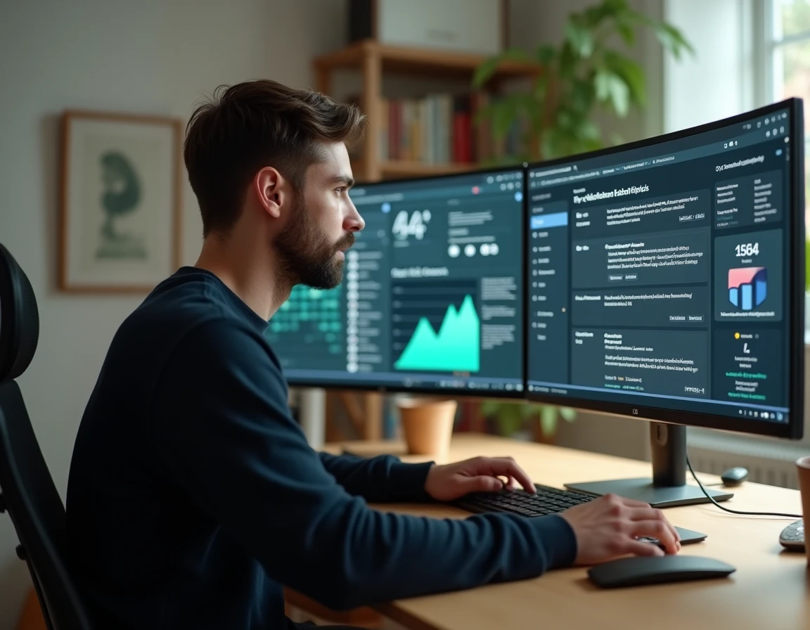 Homme consultant un tableau de bord de veille PC actualité sur un écran ultrawide dans un bureau moderne
