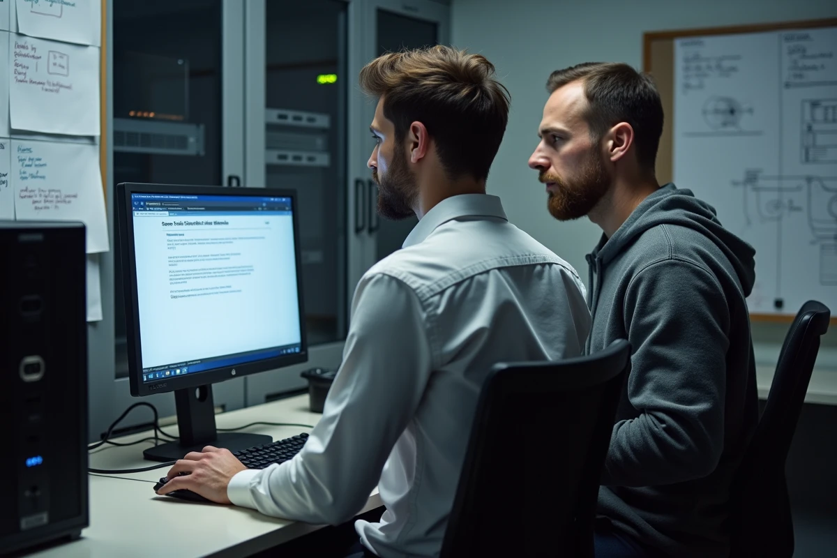 Deux techniciens vérifiant l'intégrité d'un fichier ISO Windows 7 Professional téléchargé depuis une source officielle