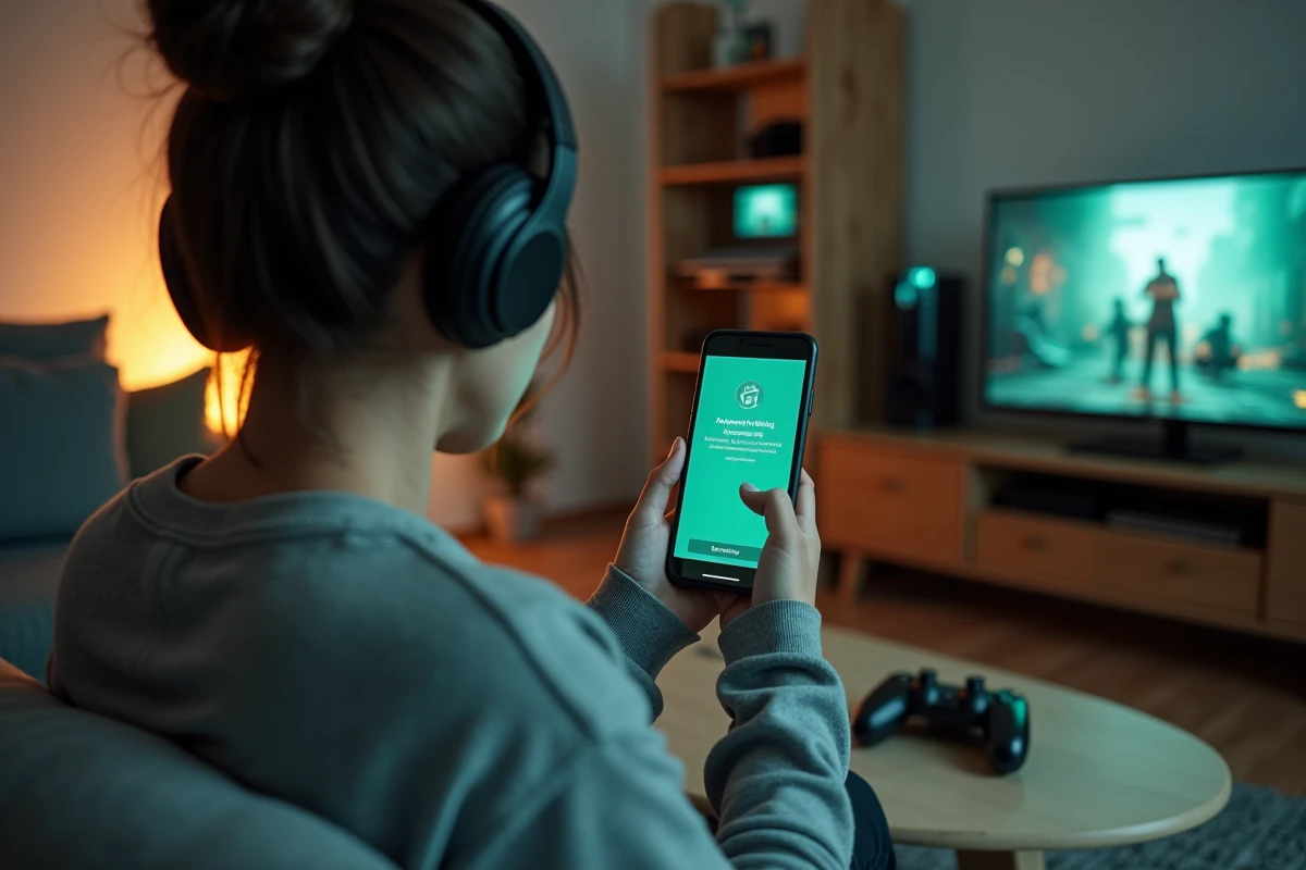 Femme vérifiant la liaison de son compte gaming et Twitch sur smartphone dans un salon avec setup PC