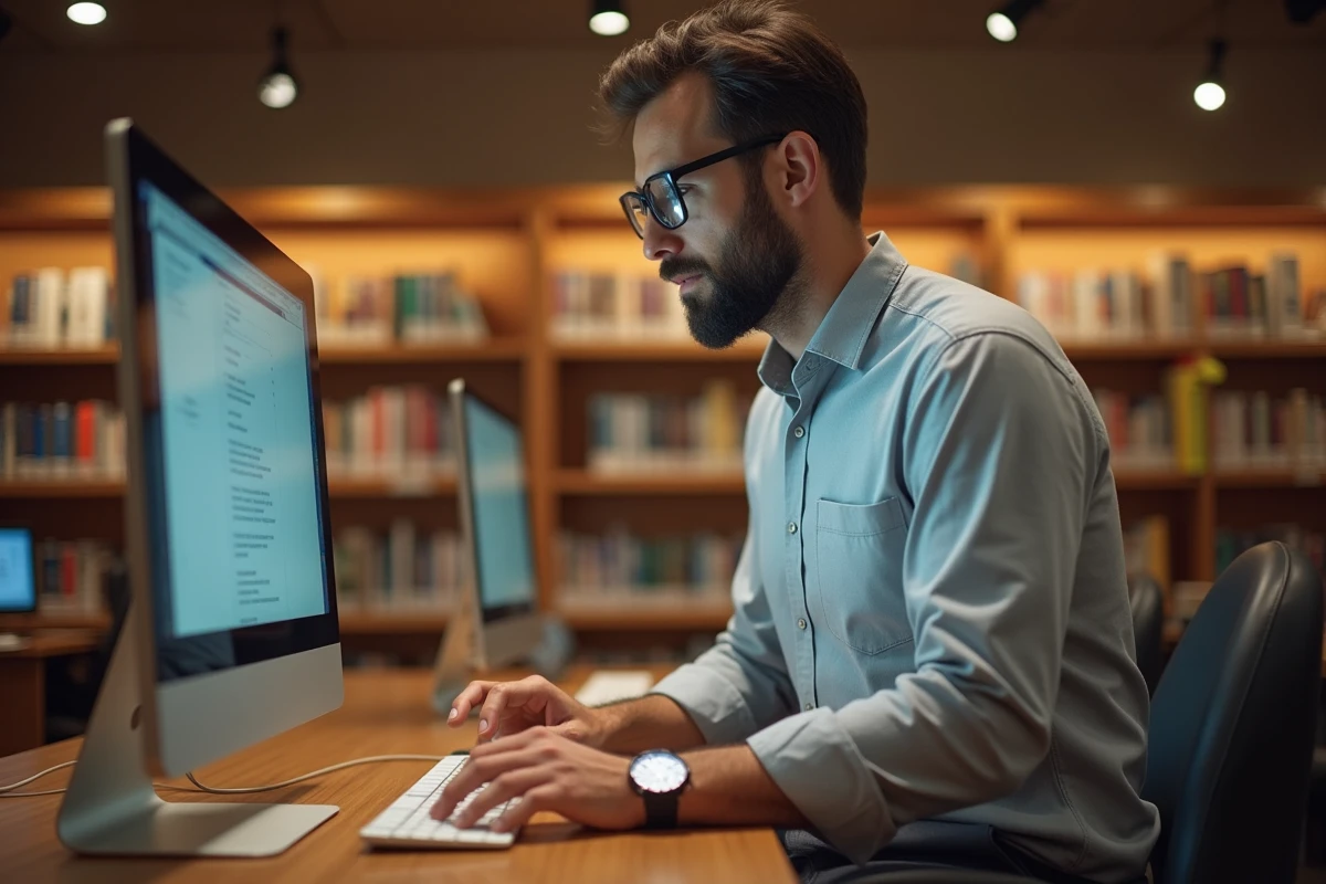 Homme vérifiant la fermeture de son session webmail sur un poste partagé dans un espace de coworking ou bibliothèque