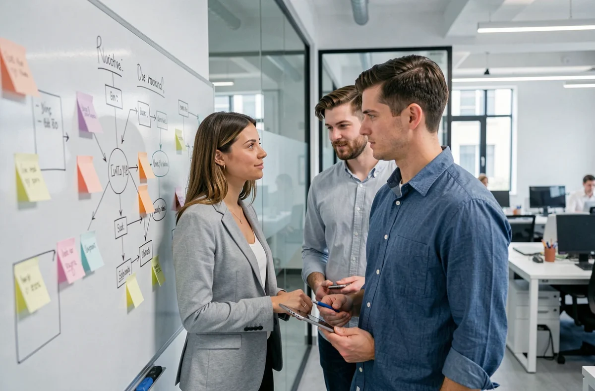 Deux développeurs de Yield Studio collaborant sur une architecture d'application web scalable
